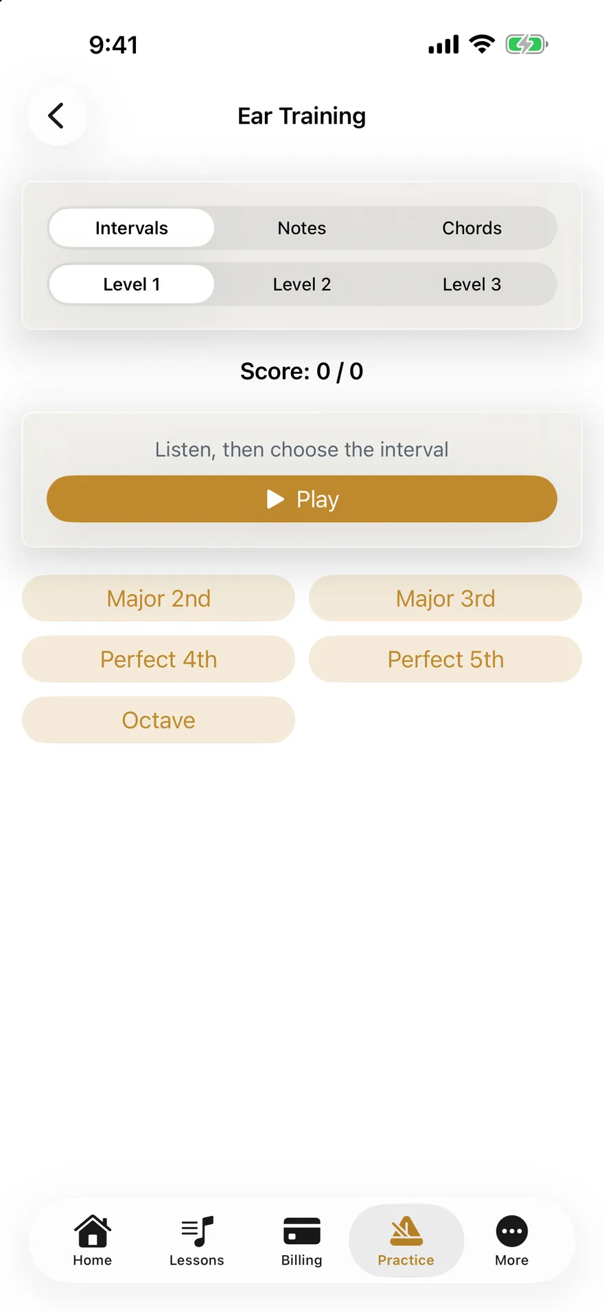 The Ear Training screen with tabs for intervals, notes and chords, three levels, a score, a Play button and four answer choices.