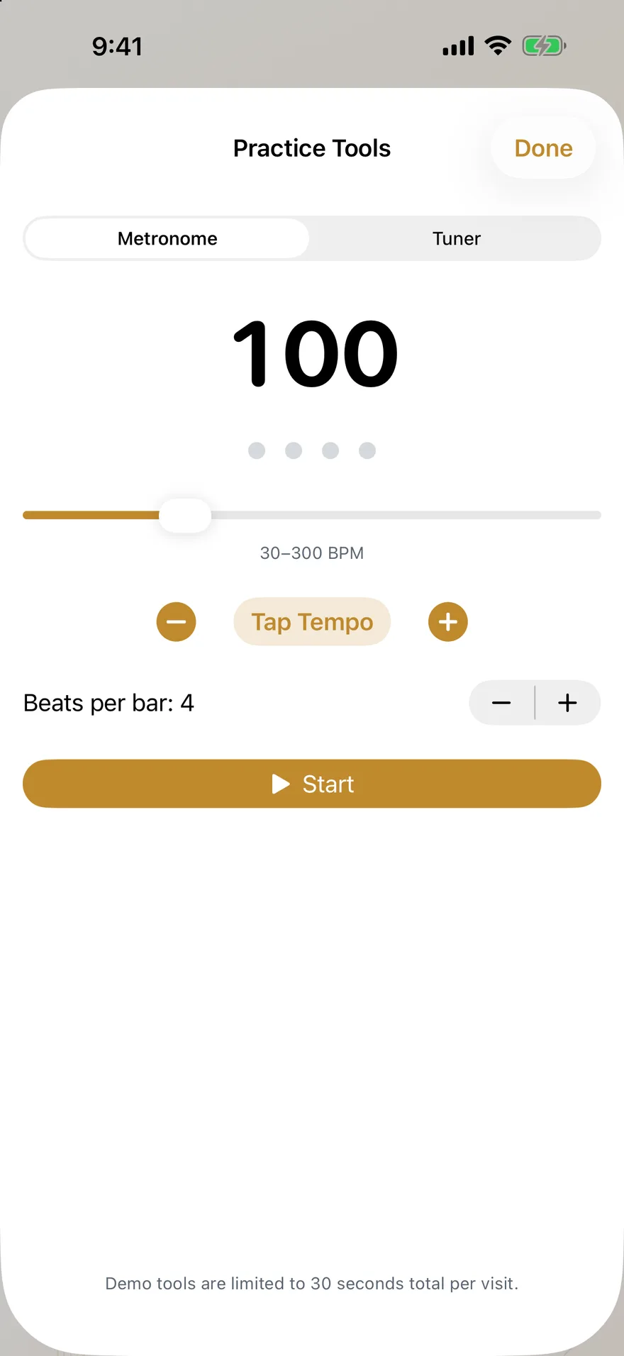 The metronome set to 100 beats a minute, with four beat dots, a tempo slider, a tap tempo button and a control for beats per bar.