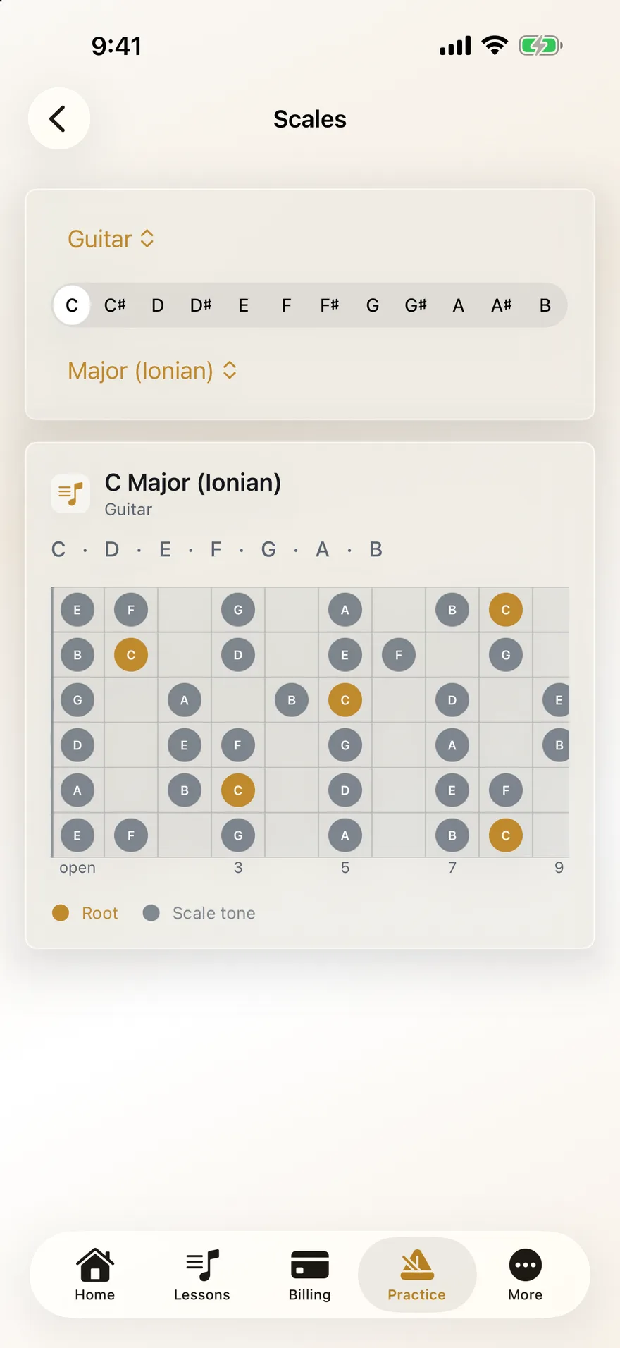 The Scales screen showing C major on a guitar fretboard, with the root notes in gold and the other scale notes in gray, above a picker for the instrument, the key and the scale.